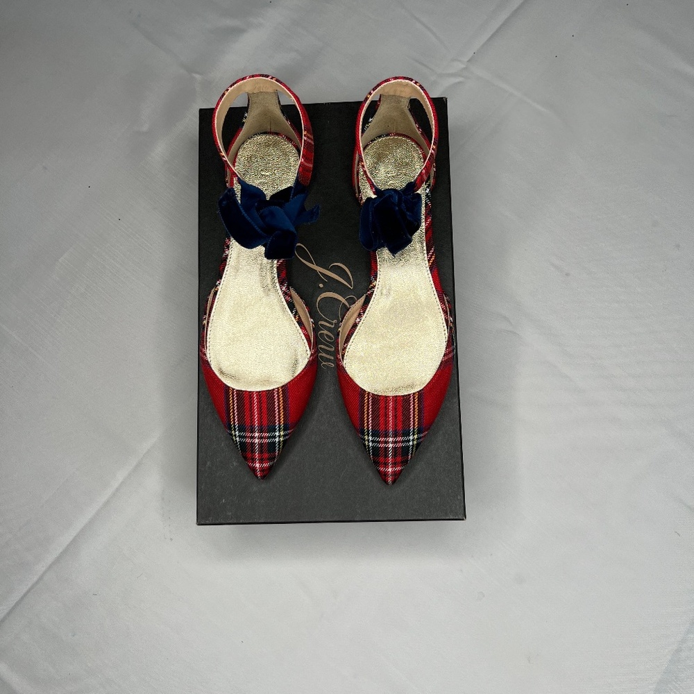 J.Crew Ankle Tie Pointed Flats Plaid 5.5 NWT